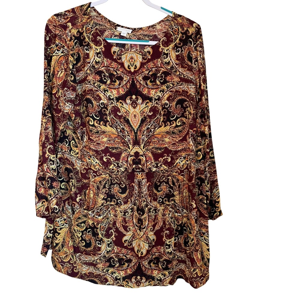 J.Jill Size L Paisley Boho Tunic Top Long Sleeve Burgundy Gold Office Casual